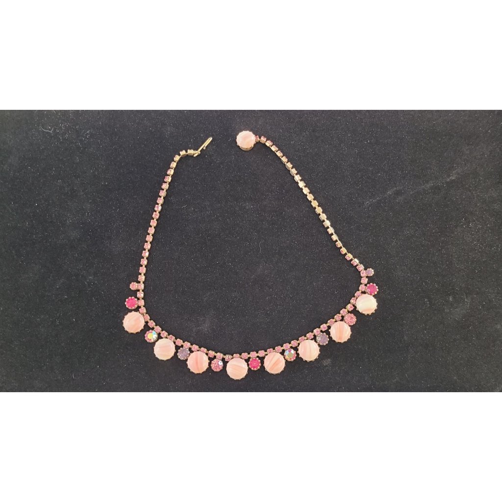 Vintage Weiss Strawberry Cream Glass Cabochons Crystal Rhinestone Necklace Rare 167$